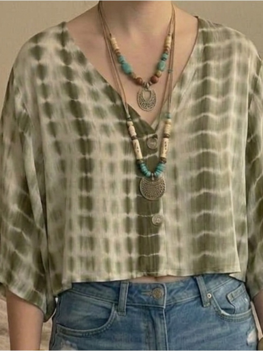 S/M green & cream boho crop top with butterfly sleeves